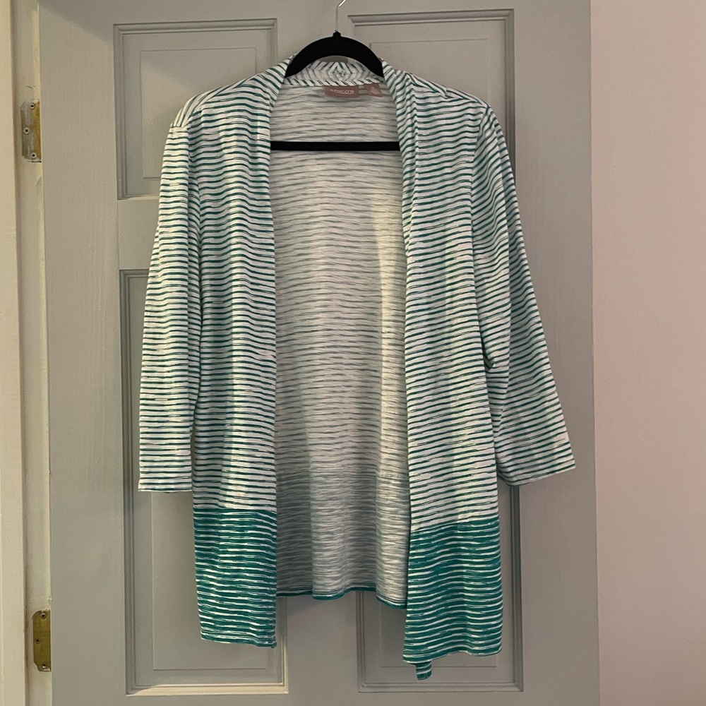EUC Chico’s teal stripe open front sweater size 2/ large